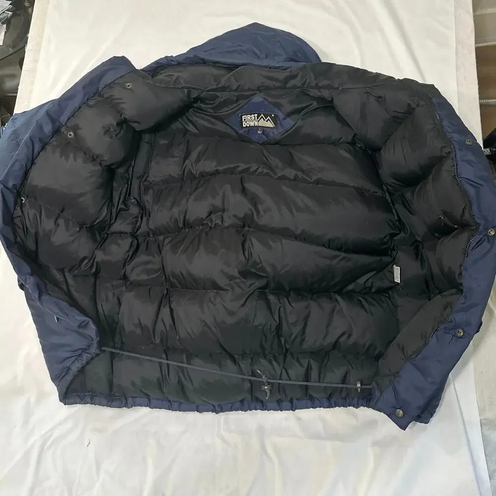 First Down Puffer heavy duty coat Vintage Black&Blue Mens LG Duck Down  3.5lb